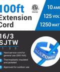Specifications and features of Orange 16 Gauge 3 Prong Grounded Extension Cord 100 Ft Heavy Duty Outdoor Power Cable.