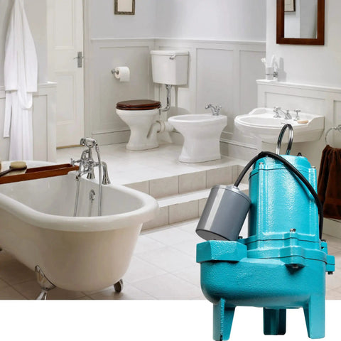 Heavy Duty Submersible Sewage Pump With 6000 GPH Handles Up To 2 Inch Solids in a bathroom setting