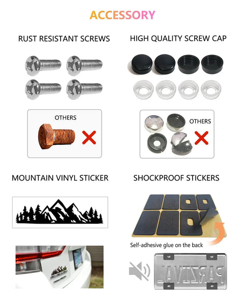 Accessories included: rust-resistant screws, black screw caps, mountain vinyl sticker, and shockproof stickers for Two Pack Black Plastic Mountain License Plate Frames With Three Dimensional Mountain Design Includes Mountain Vinyl Sticker Screws And Caps For Your Ride Adventure Ready For Off Road And Hiking Fans.