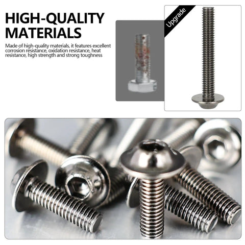 Close-up of Universal Stainless Steel Motorcycle Fairing Bolt Kit with M5 and M6 screws, showcasing high-quality materials.
