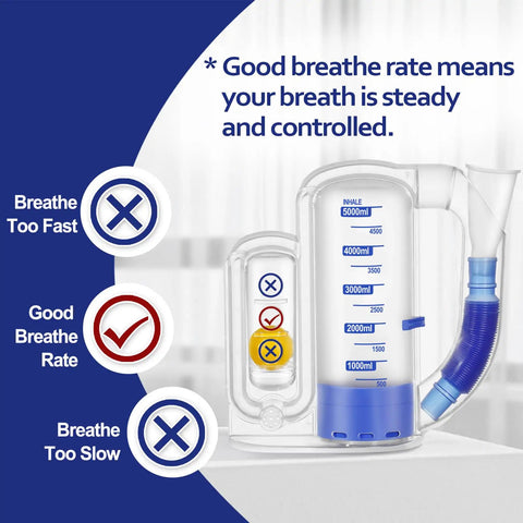 High Capacity 5000ml Lung Breathing Exercise Device With Flow Rate Indicator showing breath control levels.