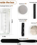 Ultimate Sourdough Starter Kit with 24 oz glass jar, aluminum lid, thermometer, feeding band, cloth cover, spatula.