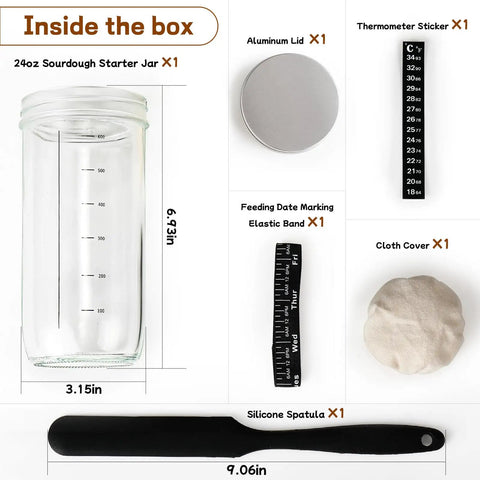 Ultimate Sourdough Starter Kit with 24 oz glass jar, aluminum lid, thermometer, feeding band, cloth cover, spatula.