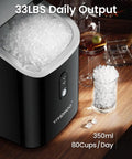 Nugget Ice Maker Countertop Portable Sonic Pebble Ice Maker With Self Cleaning, Delivers 34 Lbs Per Day, Ice In 6 Minutes, Black model on kitchen counter with glass