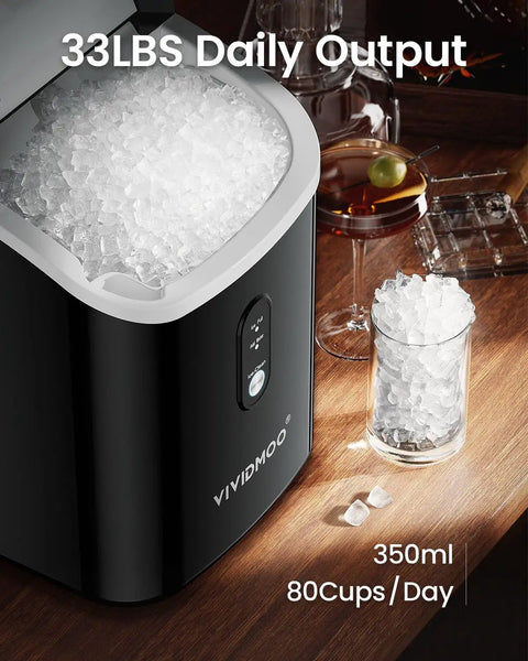 Nugget Ice Maker Countertop Portable Sonic Pebble Ice Maker With Self Cleaning, Delivers 34 Lbs Per Day, Ice In 6 Minutes, Black model on kitchen counter with glass