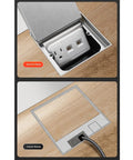 Top Notch Concealed Floor Electrical Outlet Box With Heavy Duty Stainless Lid, Easy Open Handle, 3 Prong Power Jack And Dual Data Ports, flat pop up receptacle visible open and closed.