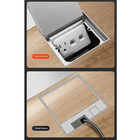 Top Notch Concealed Floor Electrical Outlet Box With Heavy Duty Stainless Lid, Easy Open Handle, 3 Prong Power Jack And Dual Data Ports, flat pop up receptacle visible open and closed.
