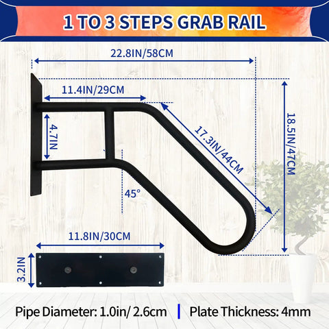Dimensions of Matte Black Wall Mounted Handrail for 1 to 3 Steps Garage Porch Garden Grab Bar Heavy Duty Safety Rail