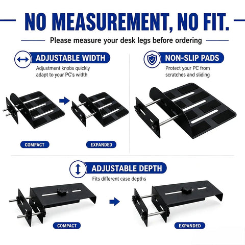 Adjustable clamp for Under Desk PC Mount Adjustable Clamp On Computer Tower Stand, showing width and depth adjustments with non-slip pads.