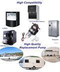 12V Self Priming Diaphragm Water Pump, 1.3 LPM at 30 PSI, shown with appliances like ice maker, coffee machine, and refrigerator