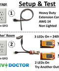 Dual Household Outlet To Level Two Electric Vehicle Charger Adapter setup test image showing garage and extension cord connections.