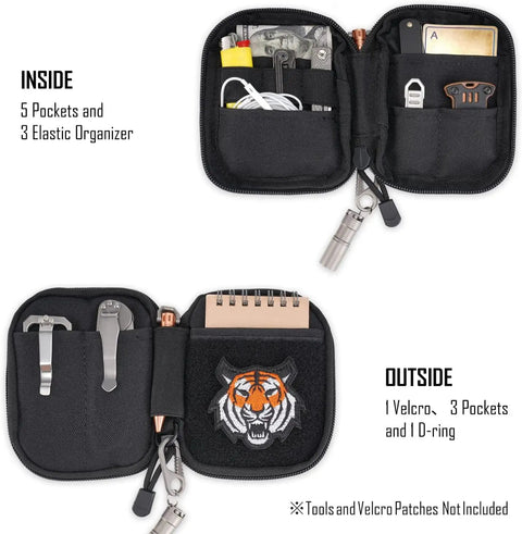 Open view of Dope EDC Pouch for Men, Pocket Organizer and Front Pocket Keeper showing inside pockets and patch area.