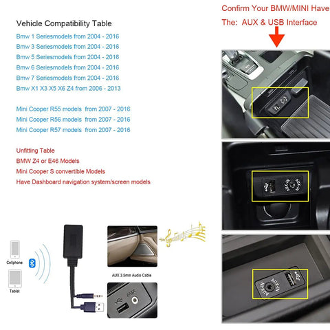 Compatibility table and USB/AUX ports for BMW Mini Cooper Bluetooth Car Adapter For 3.5mm Aux