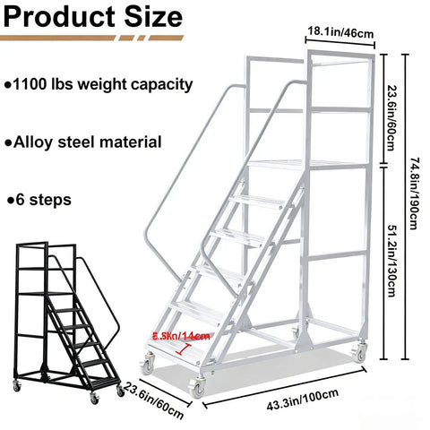 Top Shelf Easy Glide Six Step Warehouse Ladder With Triple Guardrails And Double Handrails Industrial Mobile Platform Staircase On Wheels Built Tough Handle Eleven Hundred Pound Load