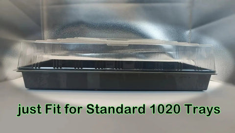 Top Notch Clear Humidity Dome Set For Seed Trays, 10 Pack 1020 Tray Covers shown on a standard black plastic tray