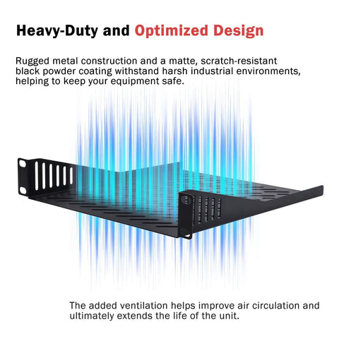 Heavy Duty Vented 1U Rack Shelf with black powder coating for optimal airflow, compatible with 2 Pack 10 Inch 1U Rack Shelf Slick Vented Cantilever Tray Drop In Rack Mount For Server Audio Video Gear Heavy Duty Network Cabinet Cooling Compatible With DeskPi Rackmate Series Plug N Play.