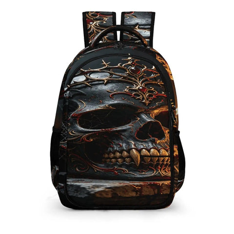 Ornate Dark Royal Skull Printed Unisex Backpack With Large Capacity, Durable Polyester, front view showing detailed skull design.