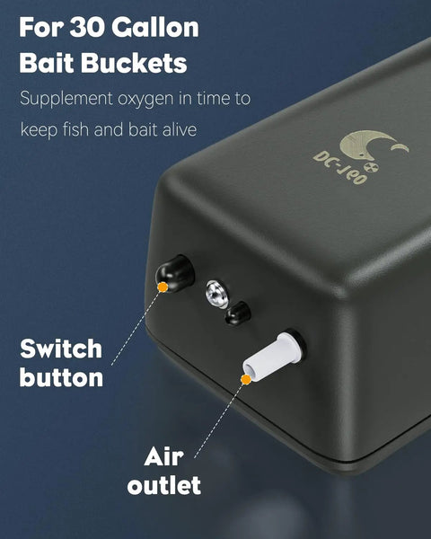 Outdoor Live Bait Aerator 40 GPH Battery Powered Air Pump for 30 Gallon Bait Bucket close-up showing switch and air outlet