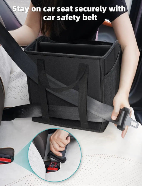 Backseat Car Organizer With Four Compartments, Four Cup Holders And Seven Mesh Pockets For Front And Rear Seats, secured with seatbelt