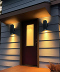 Up And Down Outdoor Wall Light With Dusk To Dawn Sensor Pack Of 2 Matte Black Exterior Sconces on porch at night