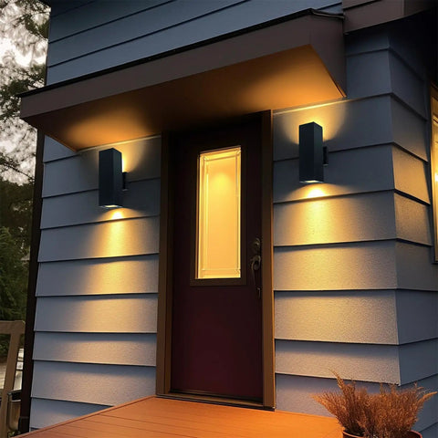 Up And Down Outdoor Wall Light With Dusk To Dawn Sensor Pack Of 2 Matte Black Exterior Sconces on porch at night