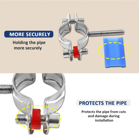 Close-up of Beefy Stainless Steel Pipe Wall And Ceiling Mount Brackets Set, 2-Pack with screws and silicone pads focus.