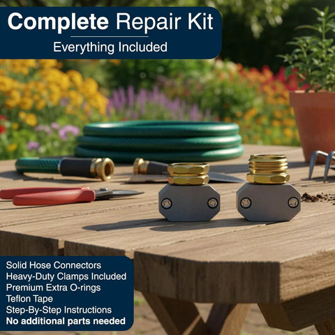 Garden Hose Repair Kit for Quick Leak Fix on Three Quarters and Five Eighths Inch Hoses, Easy No Tool Installation shown on table