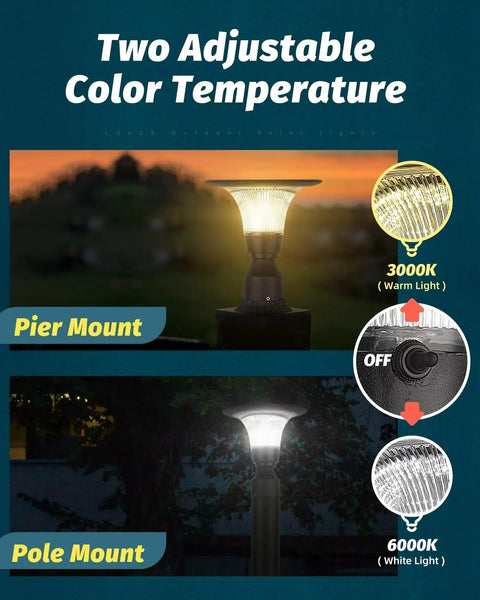Solar Post Light With Dusk To Dawn Sensor, Easy No Fuss 3000K To 6000K Color Temperature, IP65 Waterproof Outdoor Lamp, pier and pole mount