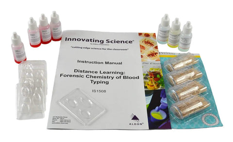 Forensic Blood Typing Kit For Classroom And Distance Learning with instruction manual and simulated blood bottles