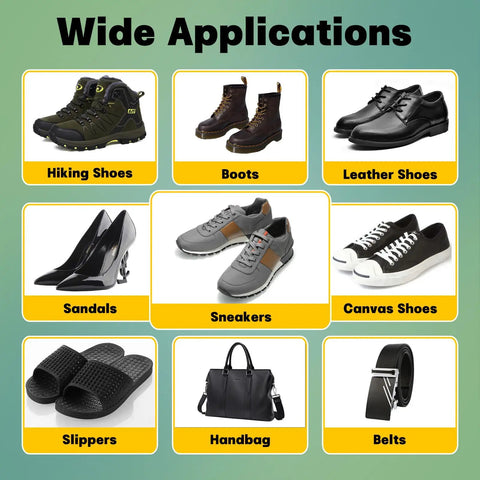 Image showing various footwear and accessories including hiking shoes, boots, leather shoes, sneakers, and more for Heavy Duty Shoe Repair Glue For Sneakers And Boots Waterproof Clear Flexible Adhesive That Bonds Ultra Strong And Will Not Crack Or Peel Dries Clear For Long Lasting Sole Repairs.