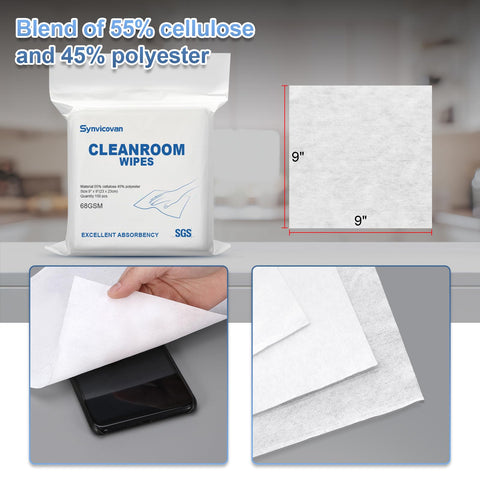 Lab-Grade 9x9 Inch Cleanroom Wipes 150 Count Grade A 68 GSM Cellulose Polyester Blend Lint Free, pack and usage.