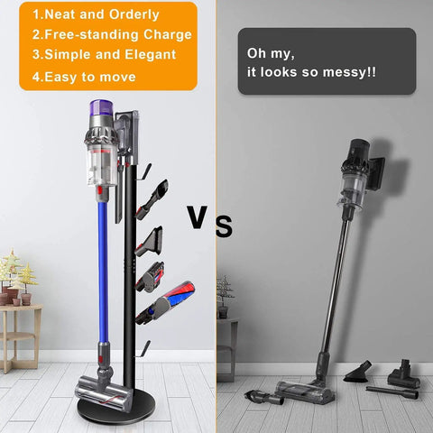 Freestanding Cordless Vacuum Dock And Storage Stand With 6 Hooks Metal Organizer Bracket contrasting tidy vs messy setup.