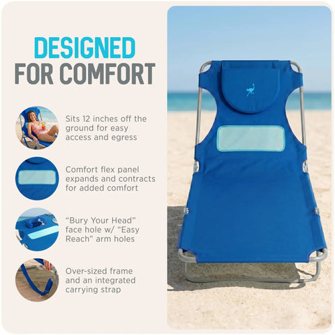 Ladies Chest-Support Comfort Lounger Foldable Portable Reclining Outdoor Chair For Beach Pool Patio Camping Tanning Lounging Lawn Sunbathing Ocean Blue on sand