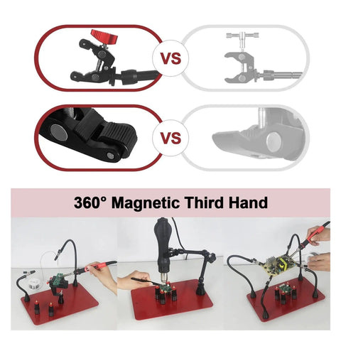 Heavy Duty Welding Workbench With Magnetic Flexible Arm PCB Holder And 3X LED Magnifying Lamp showing versatility in soldering angles.