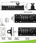 Kickproof Four Digit Combination Lock For Backyard Gates And Shed Doors Heavy Duty Zinc Alloy Security Slide Latch in matte black with dimensions.