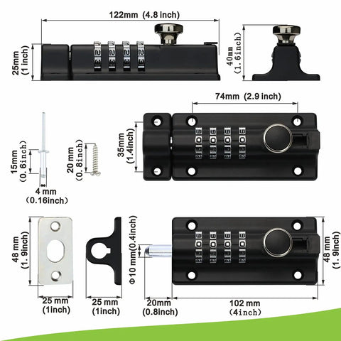 Kickproof Four Digit Combination Lock For Backyard Gates And Shed Doors Heavy Duty Zinc Alloy Security Slide Latch in matte black with dimensions.