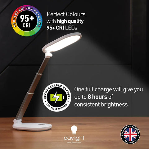 Foldi Go Portable Table Lamp for Crafts and Sewing, high CRI 95 Plus light, shown on a desk, sleek design, UK engineered, rechargeable battery.