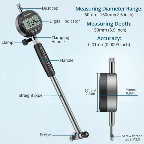 Digital Bore Gauge 50-160mm 0.01mm Precision Internal Diameter Measuring Tool With 12 Probes And Case For Engine Cylinders