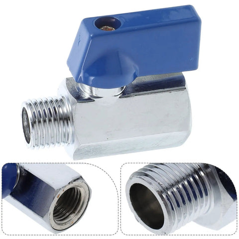 One Quarter Inch NPT Solid Brass Mini Ball Valve Female Male Adapter With Easy Grip Lever Handle Built Tough Quick Shut Off Control For Piping And Home Garden Projects close-up showing metal finish and toggle lever.