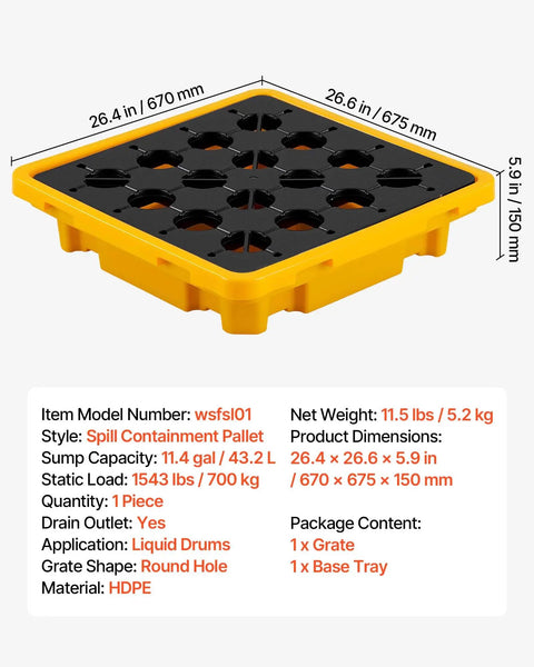Low Profile Spill Containment Pallet For One Drum Built Tough Modular Platform With Drain 11.4 Gallon Sump Heavy Duty Poly Tray 1543 Lb Load Capacity 26.4 X 26.6 X 5.9 Inches Yellow