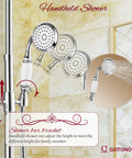 Image of handheld shower head on slide bar, part of the Exposed Shower System Set In Polished Chrome With 8 Inch Rain Shower Head.