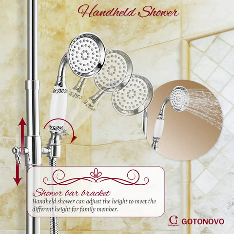 Image of handheld shower head on slide bar, part of the Exposed Shower System Set In Polished Chrome With 8 Inch Rain Shower Head.