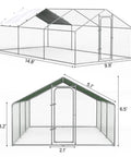 Massive Metal Chicken Coop with Walk In Run and Covered Spire Roof for Backyard Poultry, 15x10x7 ft, steel frame with lockable door.