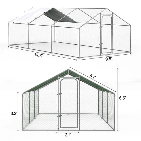 Massive Metal Chicken Coop with Walk In Run and Covered Spire Roof for Backyard Poultry, 15x10x7 ft, steel frame with lockable door.