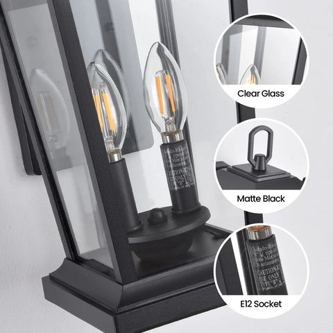 Close-up of Two Light Outdoor Pendant Light For Porch, Sleek Matte Black Finish with E12 socket and clear glass