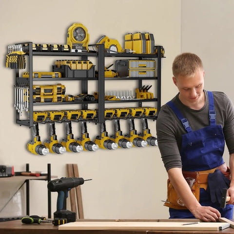 Heavy Duty Power Tool Organizer Wall Mount For Garage With 8 Cordless Drill Holders, metal shelf, tools displayed, person working.
