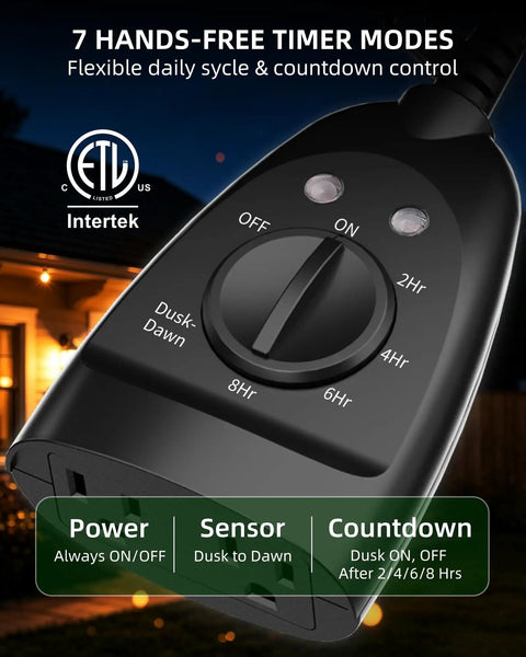 Slick Weatherproof Outdoor Light Timer With Dusk To Dawn Automatic Control showing timer modes for plug and play use.