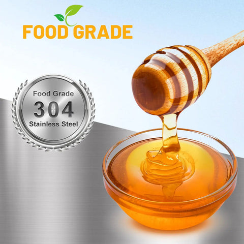 Pro Grade Stainless Steel Honey Strainer With Dual Sieves For Beekeeping And Honey Extraction Food Grade 304 Filter Mesh logo with honey dipper.