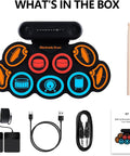Dope Roll Up Electronic Drum Pad Kit With 9 Pads showing components: drum pad, drumsticks, pedals, cables, and manual.