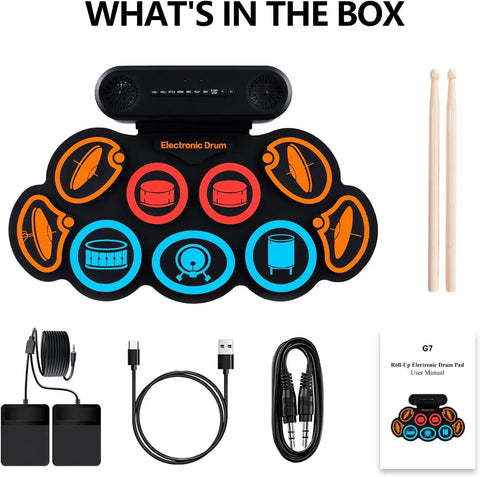 Dope Roll Up Electronic Drum Pad Kit With 9 Pads showing components: drum pad, drumsticks, pedals, cables, and manual.